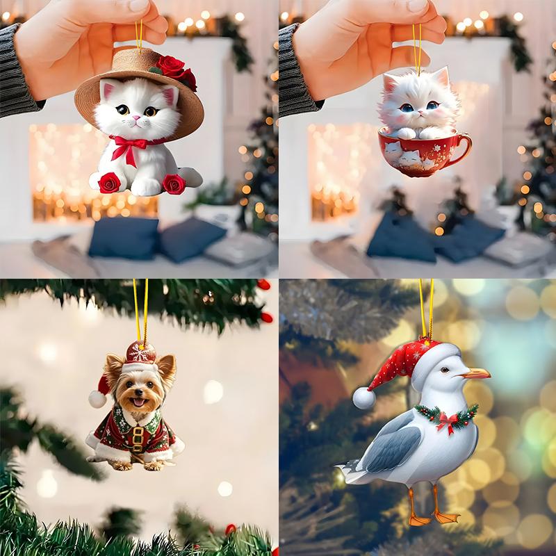 2D Christmas Squirrel Pendant Hedgehog Cat Pattern Decorative Acrylic Flat Ornaments Cartoon Animal Car Hanging