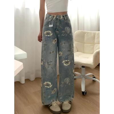 Jeans Retro Imprimés Floraux Jambes Larges Américains Amples Taille Haute Slim Droits Pantalons Moppant le Sol