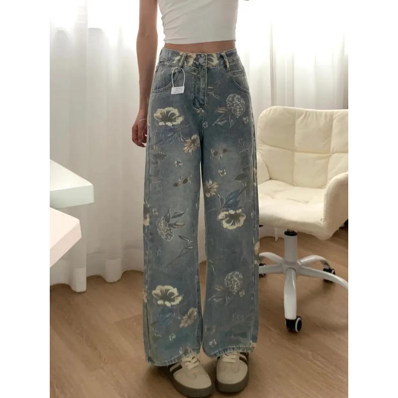 Retro Printed Floral Wide Leg Jeans American Loose High Waist Slim Straight Floor Mopping Pants