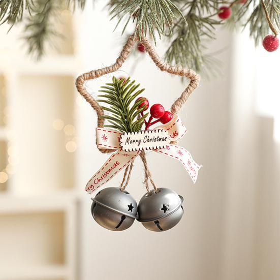 Christmas Jingle Bell Rustic Iron Door Hanging Star Bell with Bow Pine Picks Red Berry for Christmas Wreath Gift Wrapping Craft Home Decor