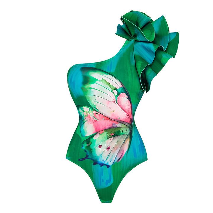 European and American slanted shoulder ruffle edge butterfly print one-piece swimsuit women S