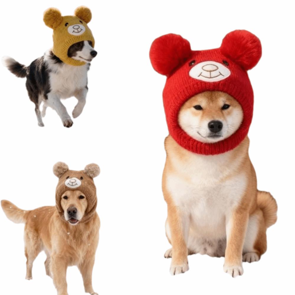 Soft Knitted Dog Ear Scarf Cute Bear Ears Cotton Knitted Pet Hat Non-Slip Snug Fit Velvet Material Dog Headgear Autumn Season