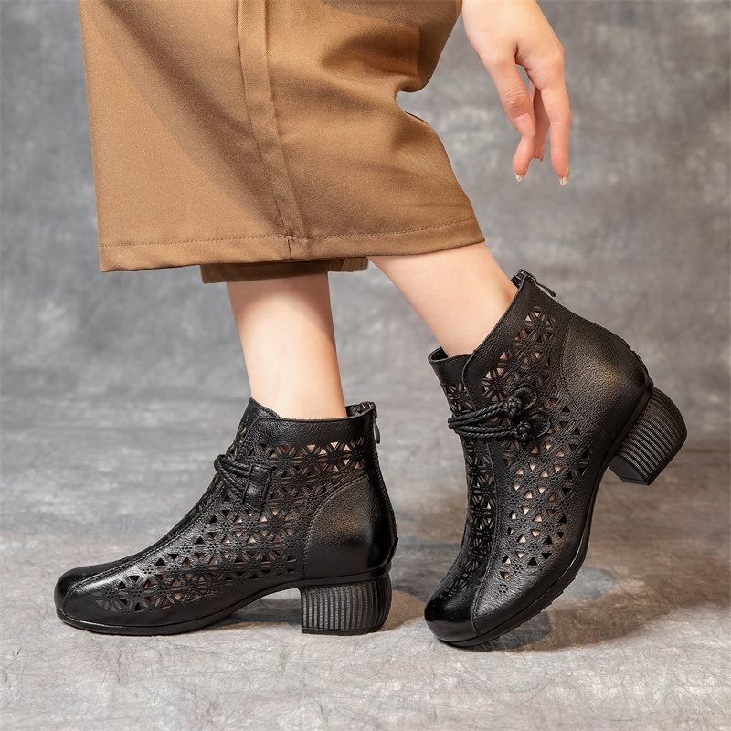 Cave Boots Women's Spring and Summer First Layer Cowhide Medium Thick Heel Mother Cool Boots Outer Wear Hollow Short Boots Women