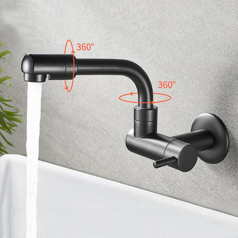 Baterie Neagră Monocomandă pentru Apă Rece Cupru Montată pe Perete Rotativă 360 Baterii Lavabo Baie Robinet Piscină Mop Balcon Exterior Argintiu Robinet Invizibil