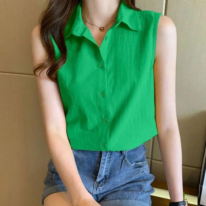 Korean Commuter Chiffon Blouse Summer New Women's Polo-Neck Button Fashion Loose Casual Ventilate Sleeveless Shirt Tops