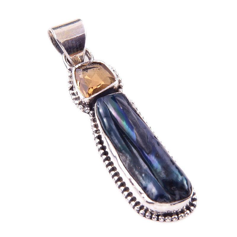 Natural Biwa Pearl,Citrine Gemstone 925 Solid Sterling Silver Pendant 1.75" j9q88