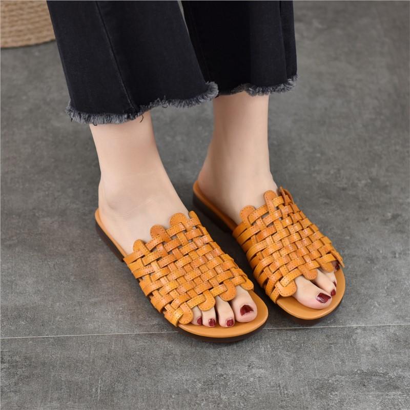 Johnature Chaussons Plats d'Extérieur en Cuir Véritable Tissés à la Main Chaussures Slip-on Décontractées Polyvalentes pour Femmes
