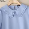 VONDA Women Casual Turn Down Collar Flare Sleeve Casual Loose Blouse