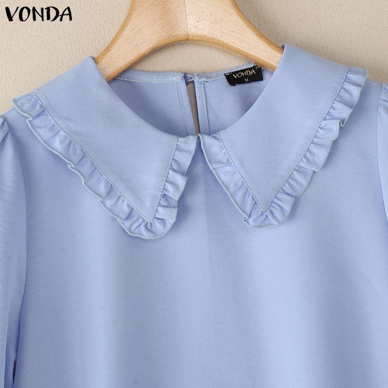 VONDA Women Casual Turn Down Collar Flare Sleeve Casual Loose Blouse