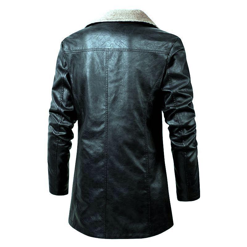 European Men's Mid-Length Leather Jacket with Velvet Lapel - Autumn/Winter Business Coat