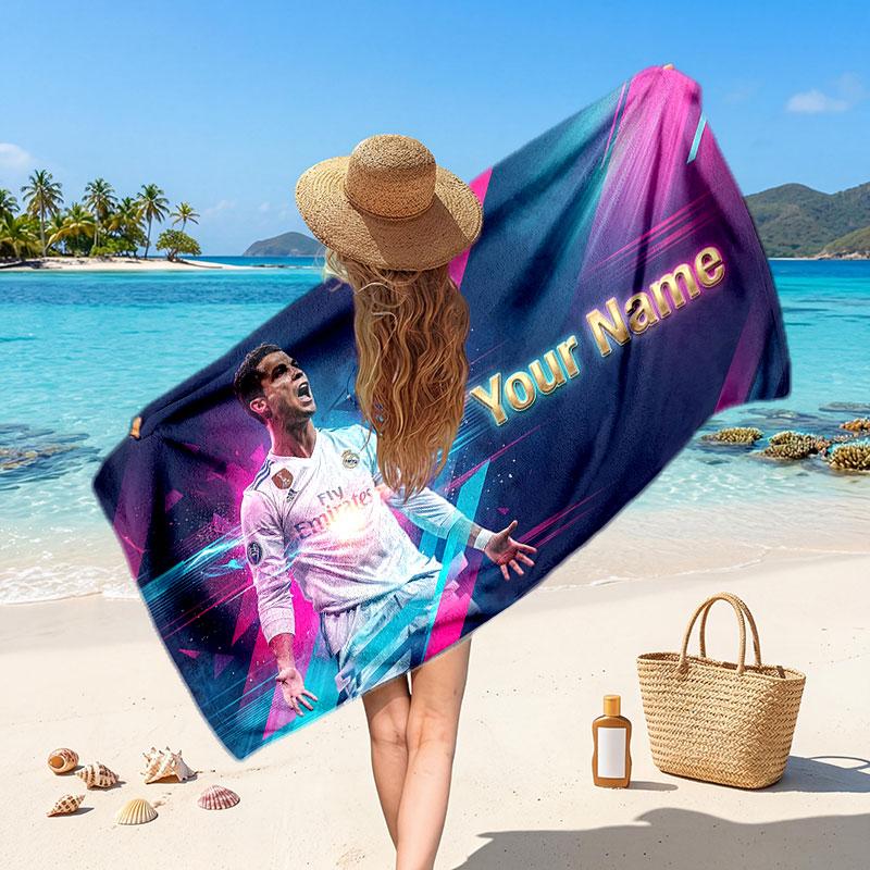 Cristiano Ronaldo Custom Beach Towel, Personalized Name Text Print, Football Logo Soft Quick‑Dry Towel Holiday Gift