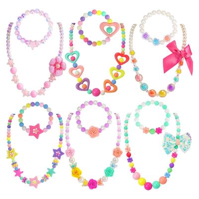 12pcs Girls Classic Jewelry Kit, 6 Sets of Beaded Necklaces and Bracelets , Favors Bags for Girls Jewelry ,birthday Gift