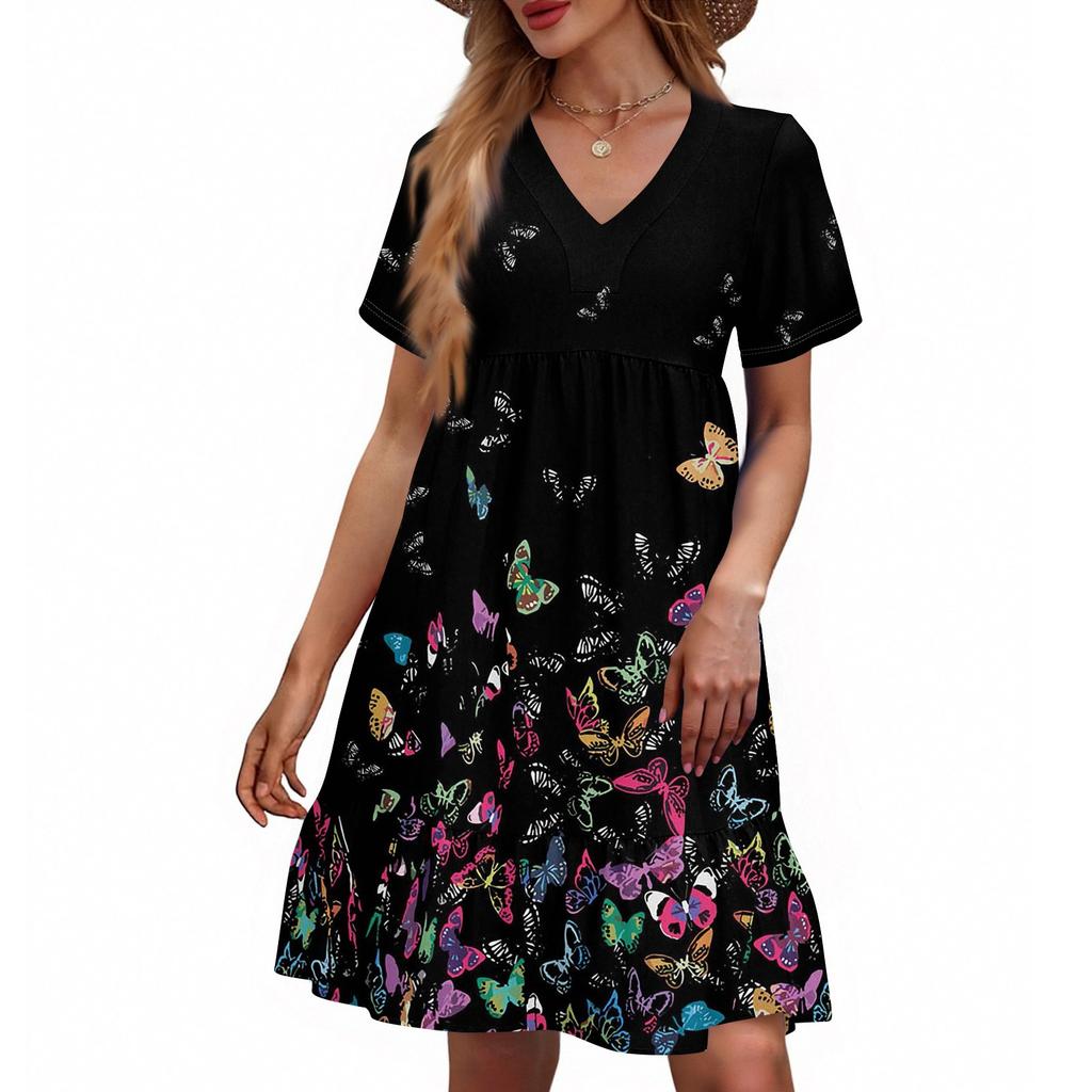 Women's Casual Fashion V-Neck Short Sleeve Floral Print Dress
