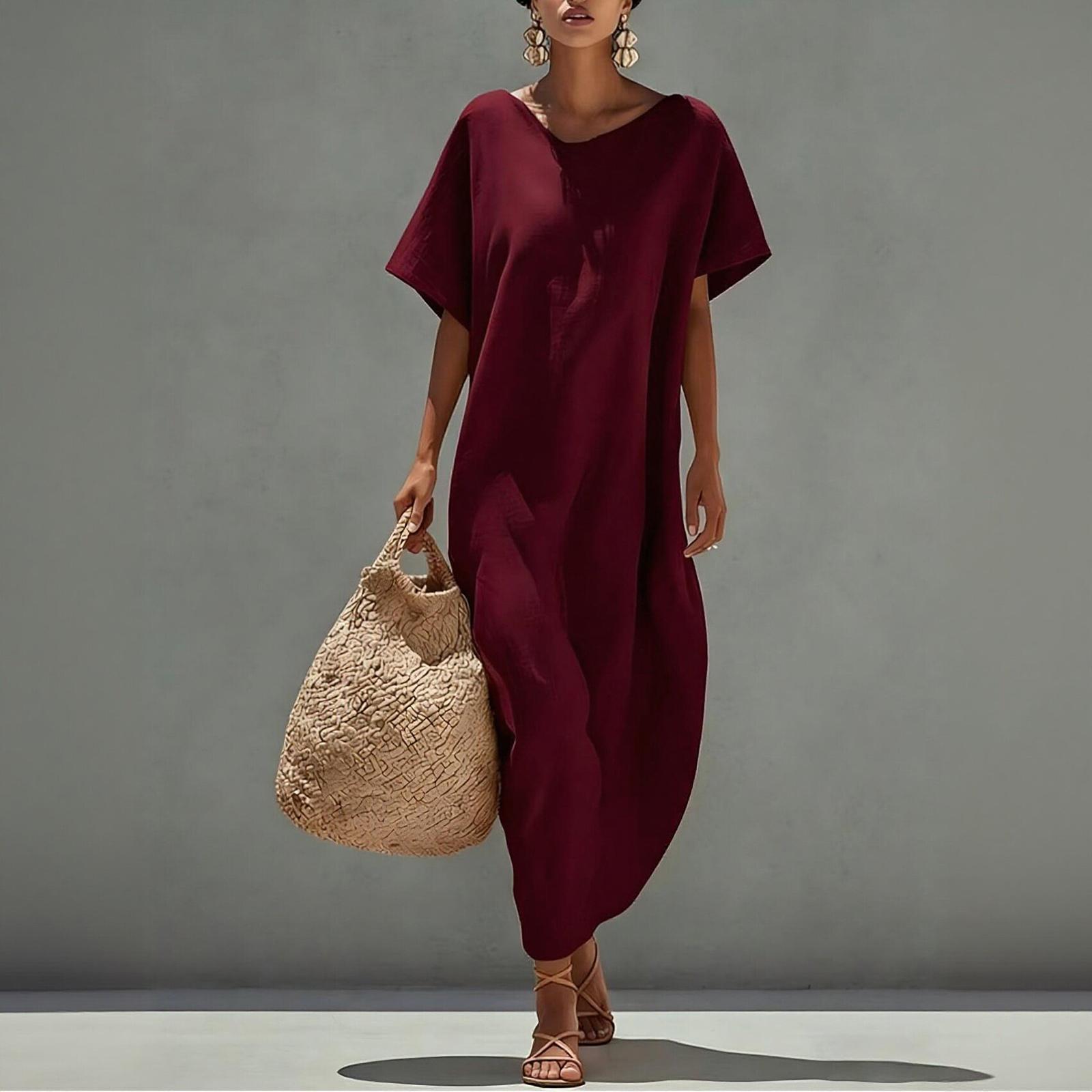 

Women s -color Short-sleeved Casual Long Dress M винний