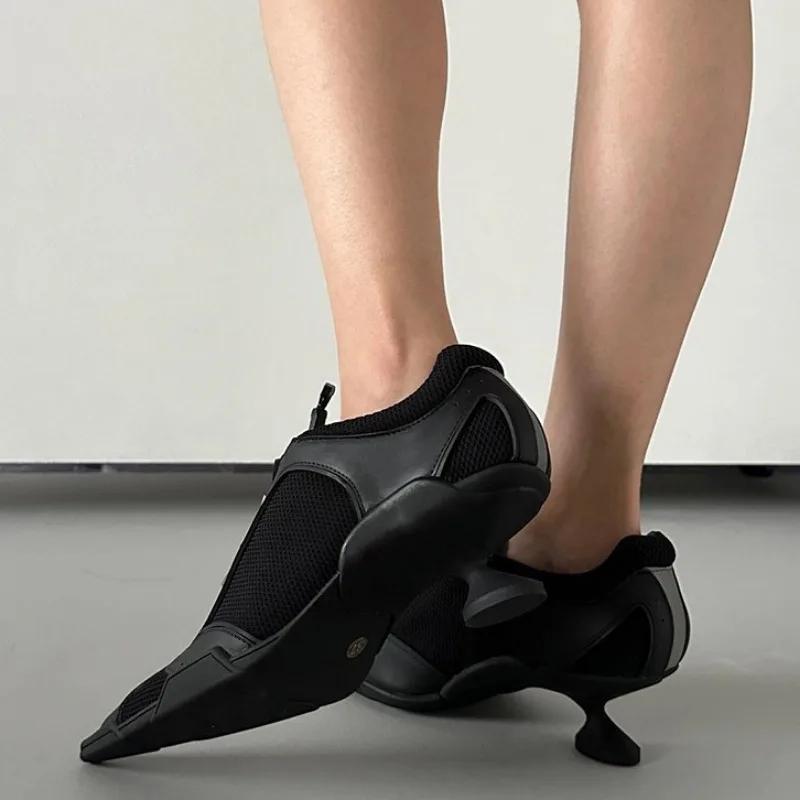 Fashion 2025 Spring Black Pointed-toe Sporty High Sneaker Heels Women's Mesh Boxing Casual Shoes Brand Design Fashion Sexy Shoes