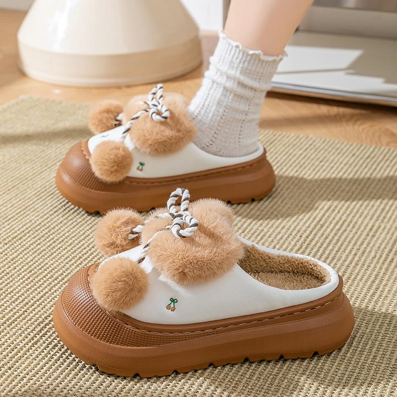 Leather warm cotton slippers women's plush thick-soled autumn and winter new fashion versatile indoor and outdoor velvet cotton shoes
