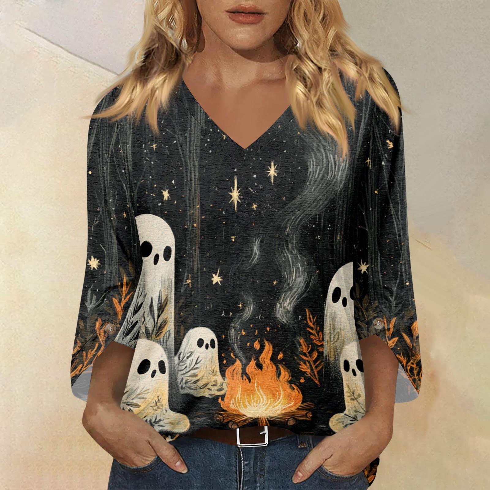 Women s Casual Halloween Print V-Neck Three-Quarter Sleeve Top L