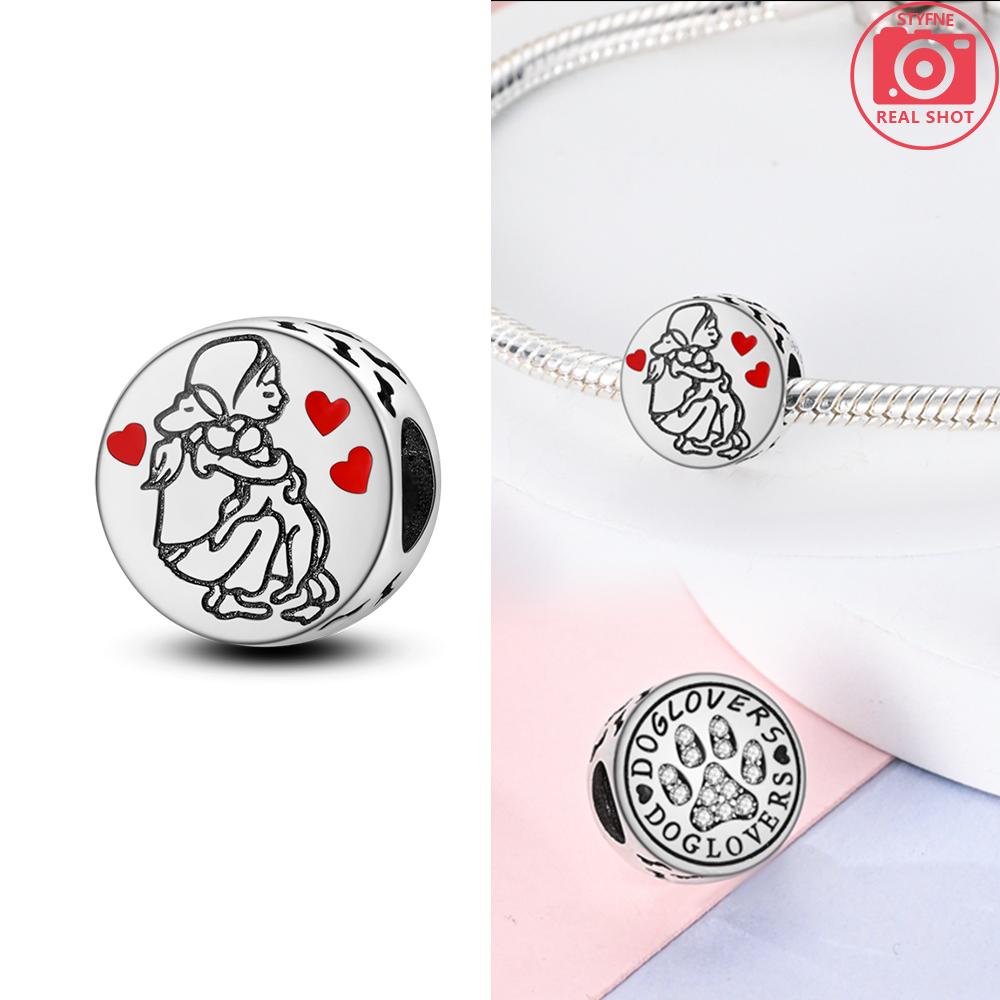 Authentic copper Pink Zircon Hollow Out Heart Engraved Girl with Cat Hug Dog Paws Bead Compatible With Bracelets Jewellery Diy Accessories