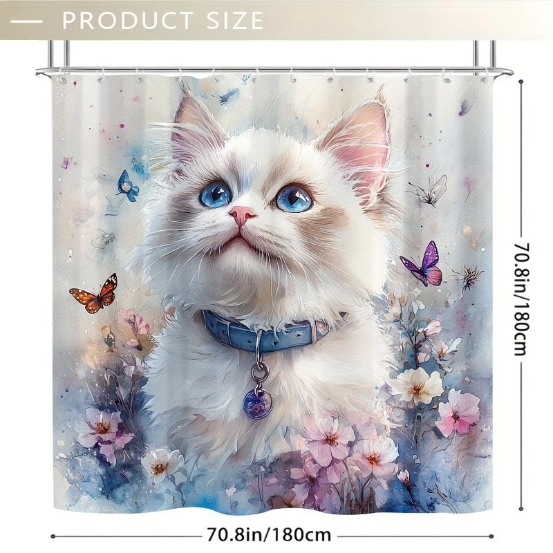 1pc Shower Curtain - White Ragdoll Cat, Floral & Butterfly Design, 71x71 Inch, Polyester, 12 Hooks, Hand Wash, Summer Decor