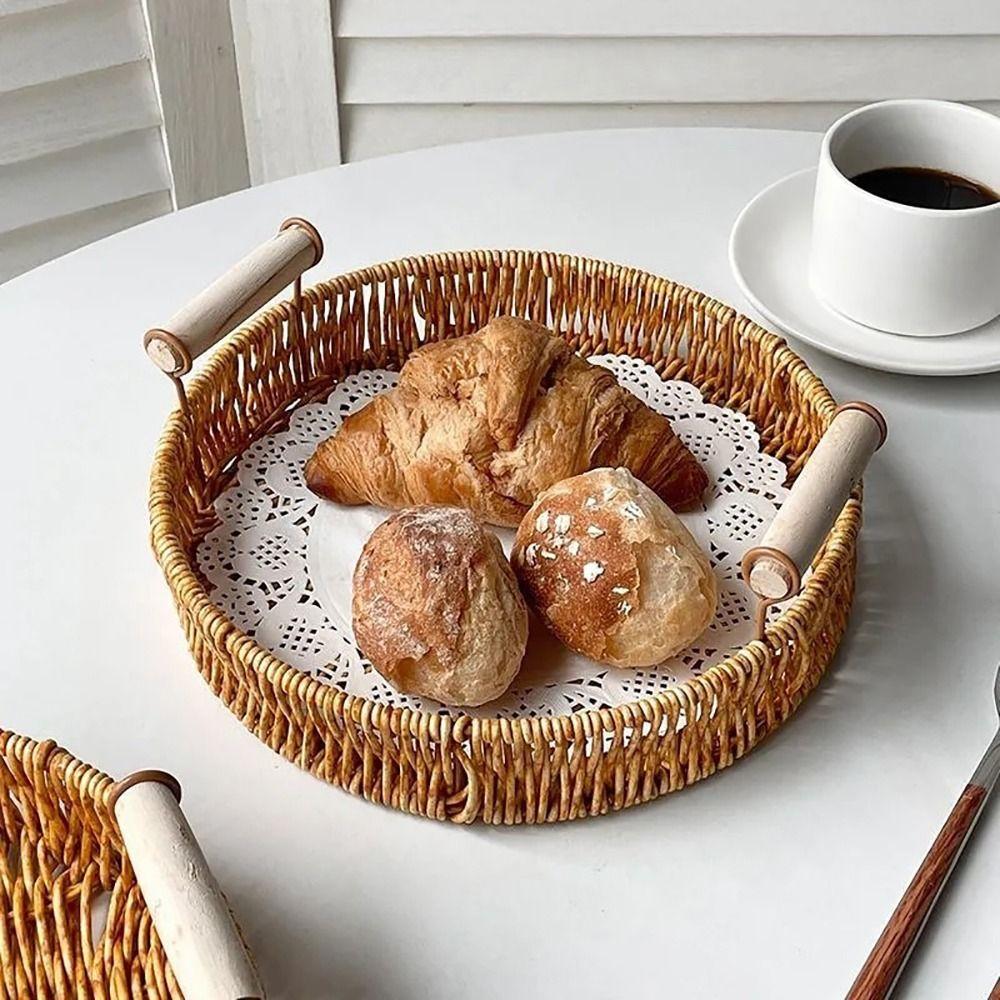 1Pcs Breakfast Bread Food Storage Tray Fruit Vegetable Cake Wicker Plastic Rattan Threads Basket