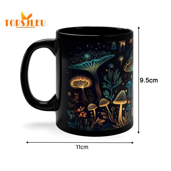 350ML Mushroom Coffee Mug with Grip Handle,Heat-Resistant Black Ceramic,Food Grade,Multifunctional Tea Milk Water Cup,Mushroom Lover Birthday Gift