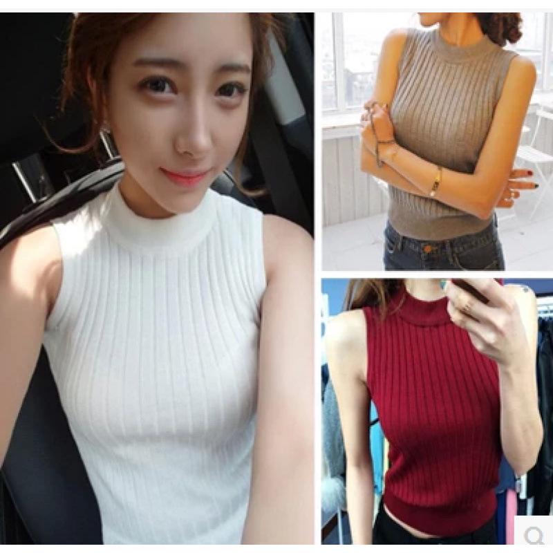 2026 Korean Style Women s Ribbed Stripe High Neck Slim Fit Knit Pullover Vest One Size