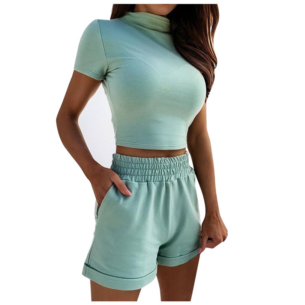 Fashion Womens Sexy Solid  Tracksuit Short Sleeve Tops Sports Shorts Set