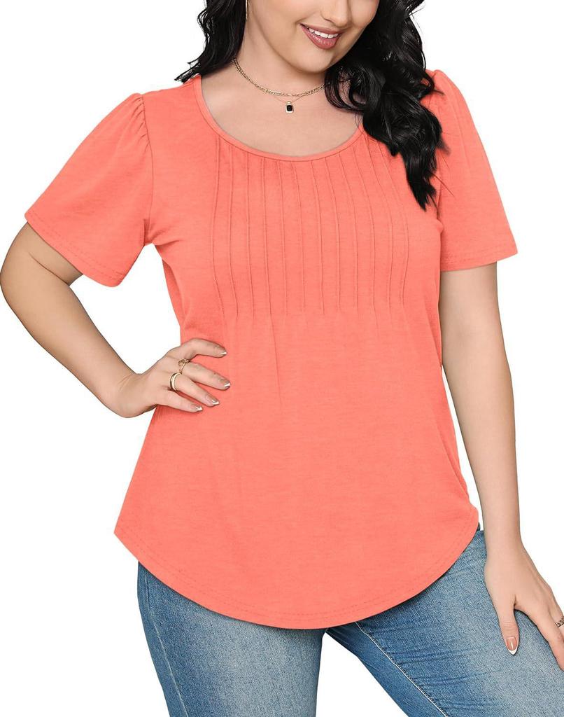 Pleated Round Neck Short Sleeve Women's T-Shirt - New 2024 European & American Style