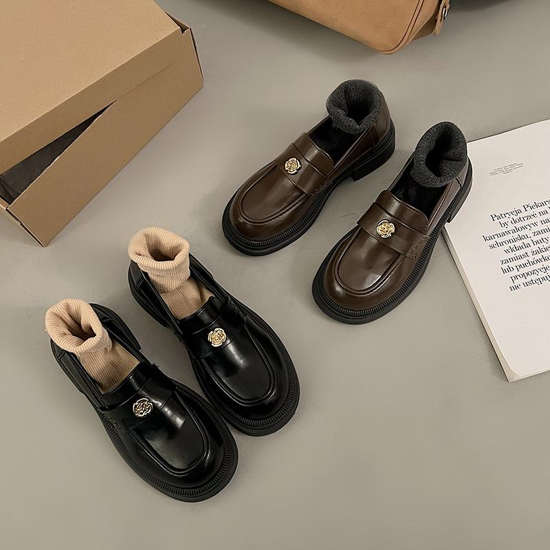Xiaoxiangfeng British single shoes high-end sense versatile black loafers thick heel spring French small leather shoes jk women's shoes