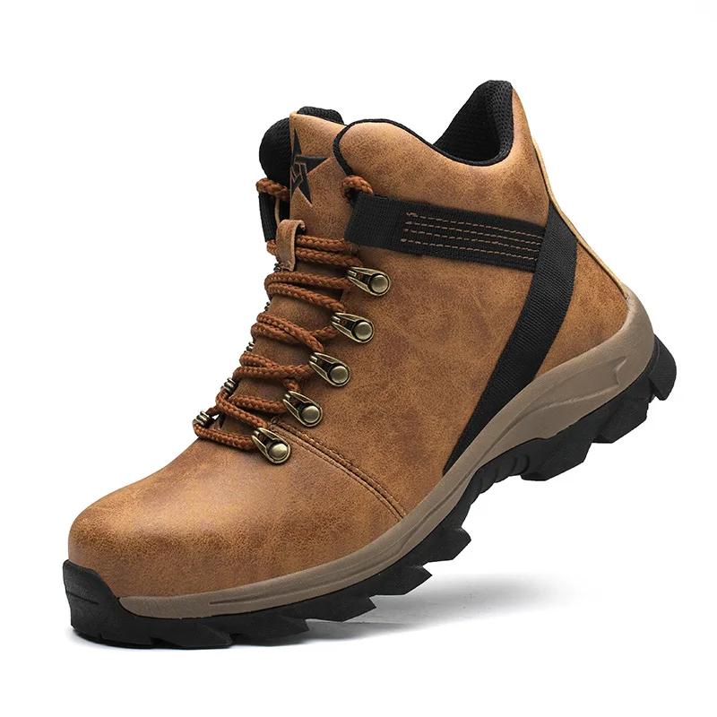 Waterproof Borwn Color Safety Shoes Men Steel Toe Work Boots Unisex Hiking Trail Anti-smash Non Slip Botas Platform Boots Hombre