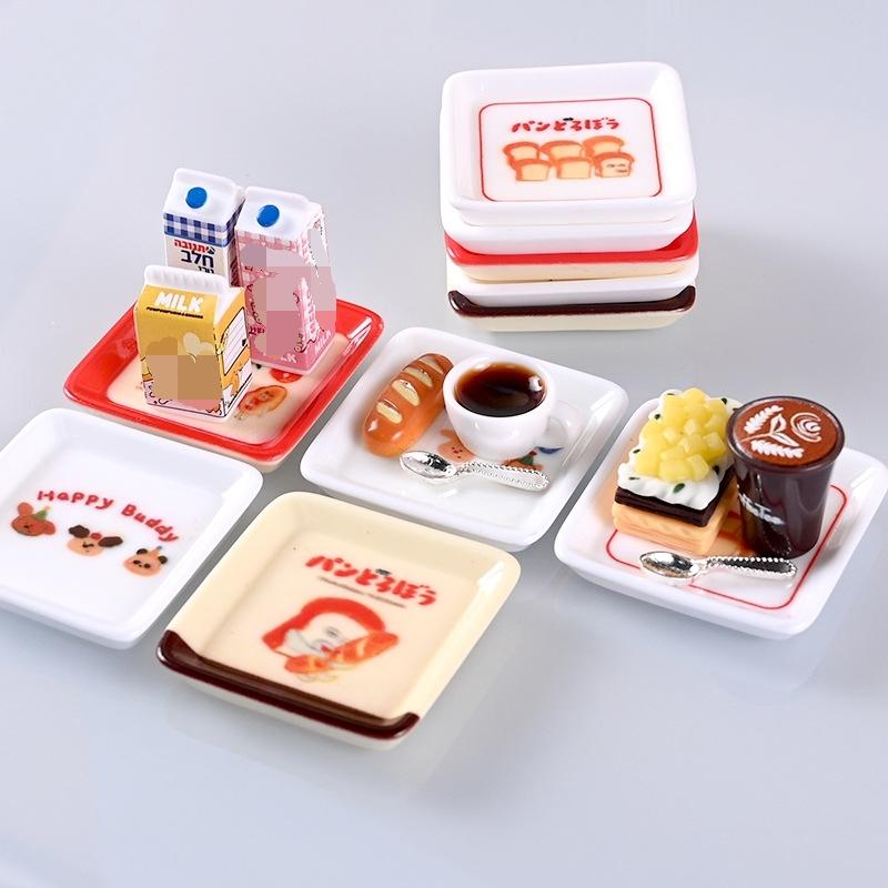 1/12 10Pcs Dollhouse Cartoon Mini Tray Dishes Set Dollhouse Simulation Kitchen Decoration Toy Kid Pretend Play Toys