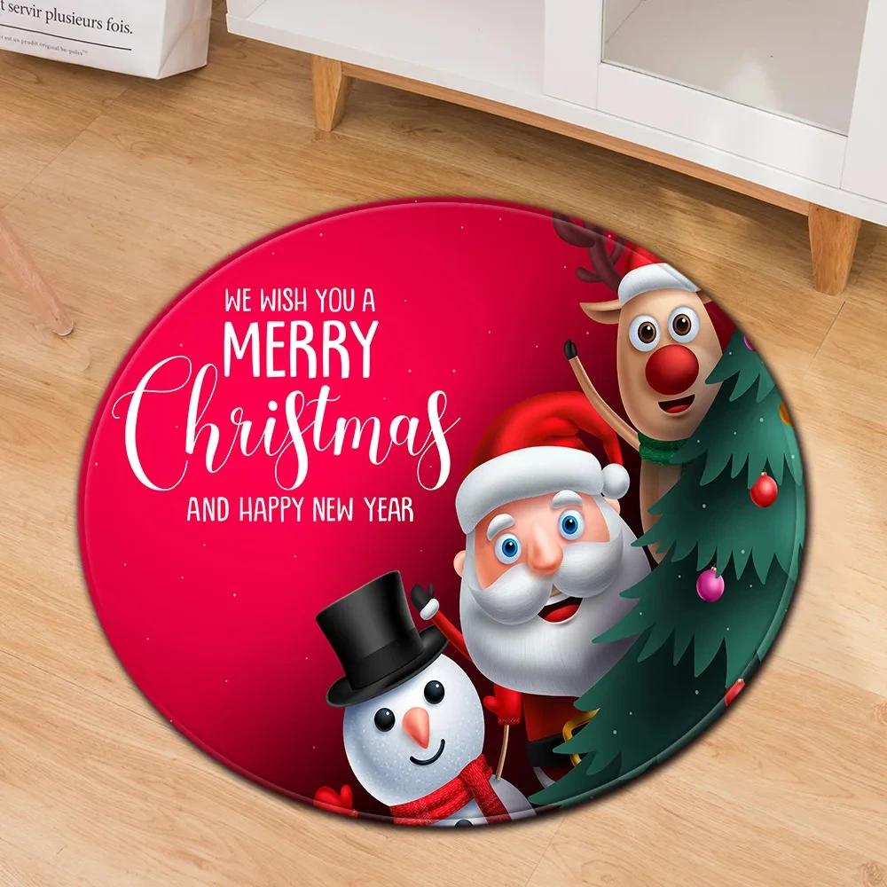 Santa Claus Round Carpet Christmas Theme Rug for Kids Teen New Year's Gift Living Room Bedroom Decor Anti-Slip Circle Floor Mat