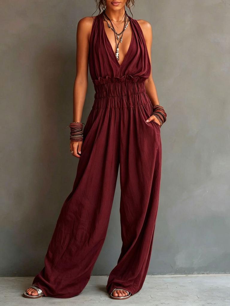 Damen Neckholder Jumpsuit mit weitem Bein Unifarben Tasche Lässiger lockerer Schnitt Rückenfrei Strampler