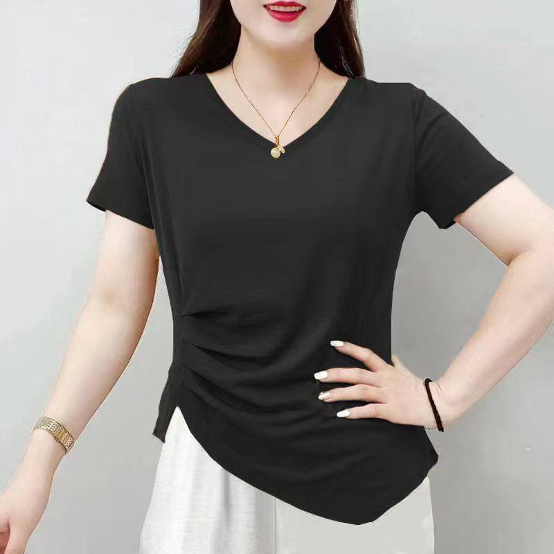 Summer New Elegant Fashion V-neck Short Sleeved T-shirt Women's Solid Asymmetric Patchwork Slim Versatile Folds Pure Cotton Top