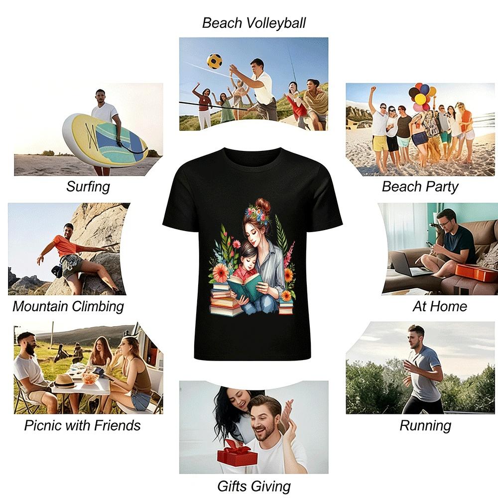 Mother And Child Reading Print Casual Top Warm Parent-child Tee Pure Cotton T-shirt