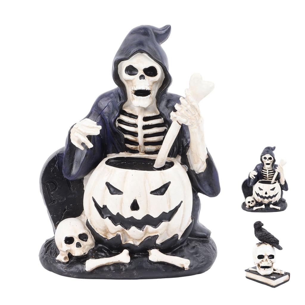 Skeleton Figurine Scary Rich Details Vibrant Colors Strong Resin Stable Skull Figurine for Halloween