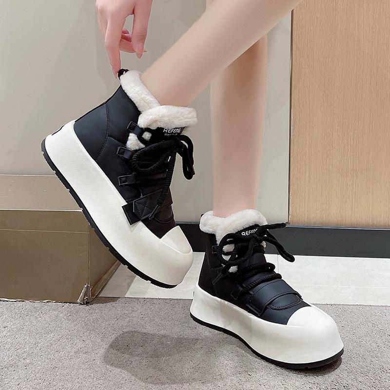fashion White Fur Lace-up Thick-soled Height-increasing Sneakers for Women Winter New Style Plus Velvet Warm Snow Boots