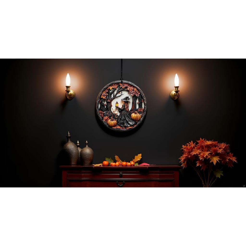 Halloween Stained Glass Window Ornament, Witch Scene with Pumpk, Acrylic Hanging Suncatcher, Round Wall Art Decor, Witchy Ornament for Home Friends