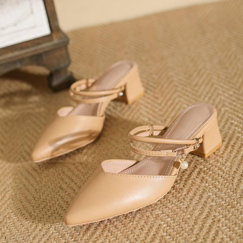 

Sandals women s 2025 summer new pointed single shoes thick medium heel half bracket high heel French bag head slippers 40
