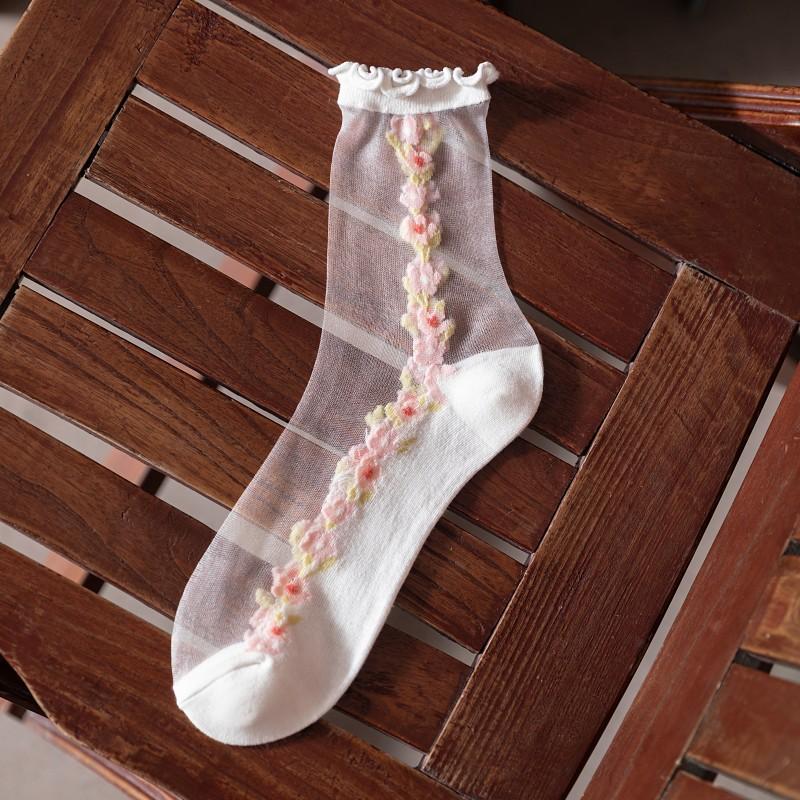 Ultra-thin Transparent Crystal Silk Socks Women Fashion Summer Harajuku Crew Socks Retro Flower Streetwear Elastic Long Socks