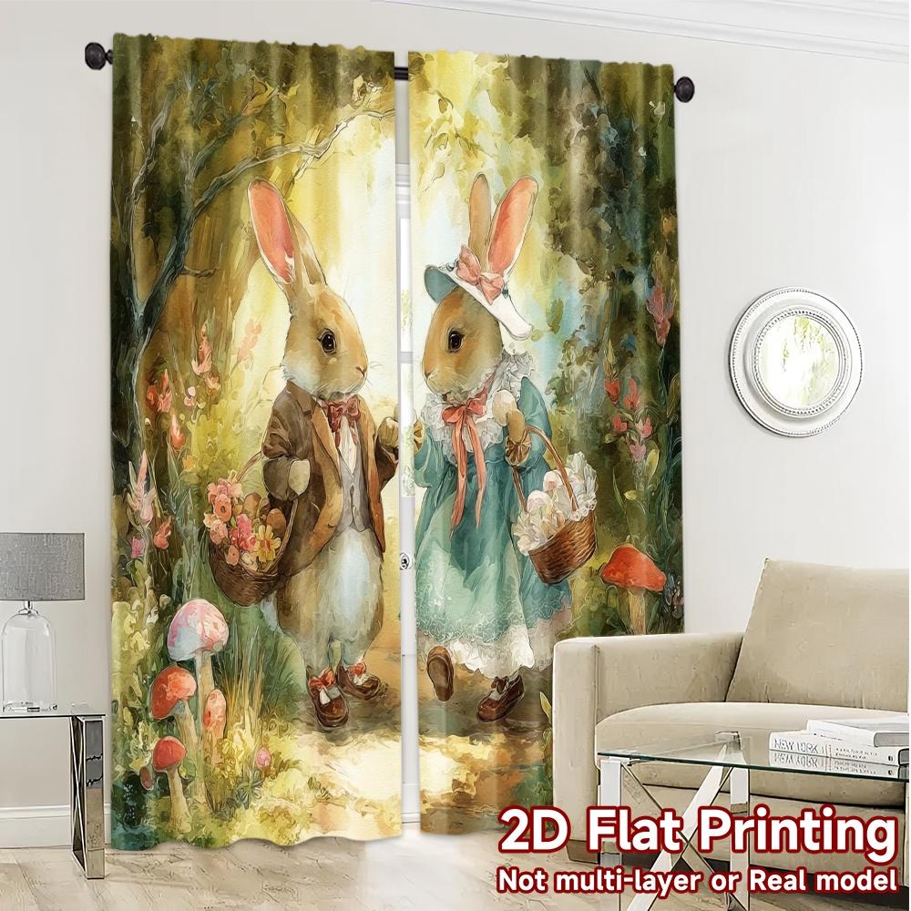 2pcs   2D FLAT PRINTING Curtains (Without Rod) Rabbit Stroll Modern Curtain Modern Versatile 100% Polyester Curtains Thermal