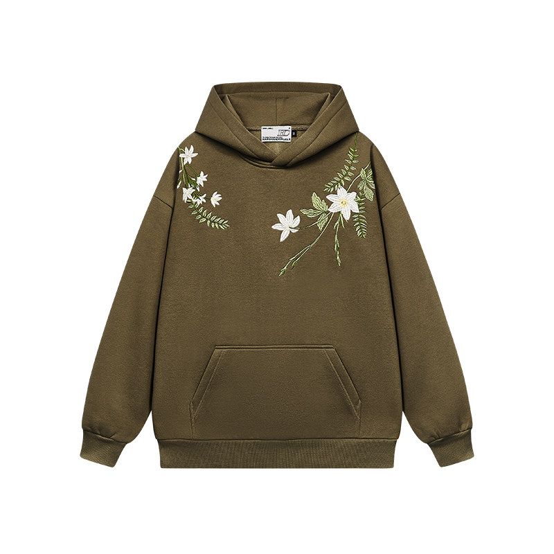 HACR Women Harshandcruel New Chinese Style Florals Garland Embroider Text Profile Hooded Sweatshirt Men and Women