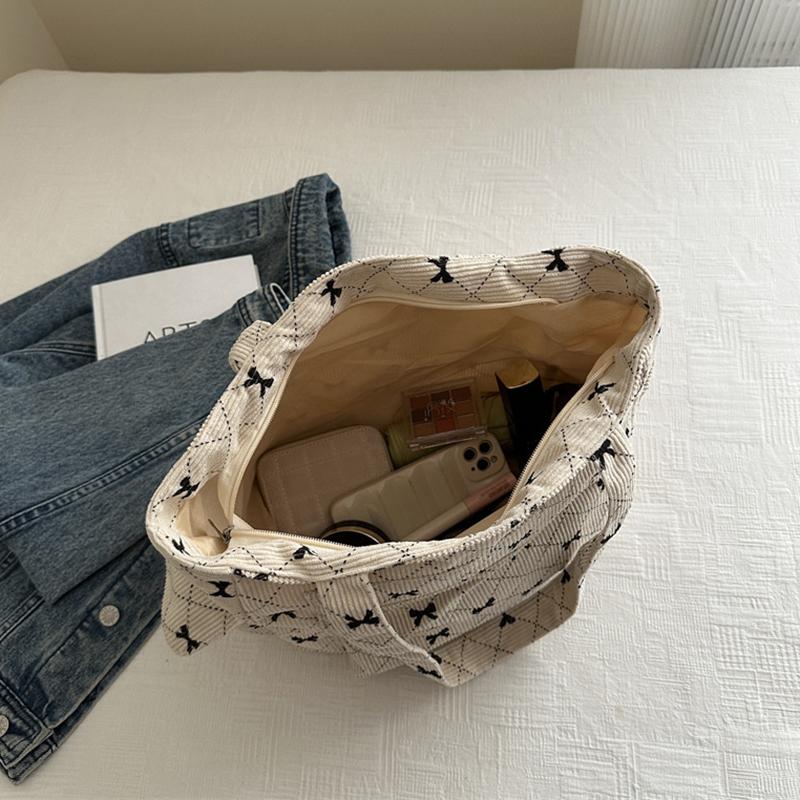 Women Corduroy Tote Bag Stylish Large Capacity Casual Commuting Bag Bow Pattern Design Simple Shopping Bag Chic Handbags CLE
