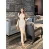 Temperament Cross V-neck Long-sleeved Dress Female Slim-fitting Tight Long Dress Spice Girl Waist Split Hip Skirt