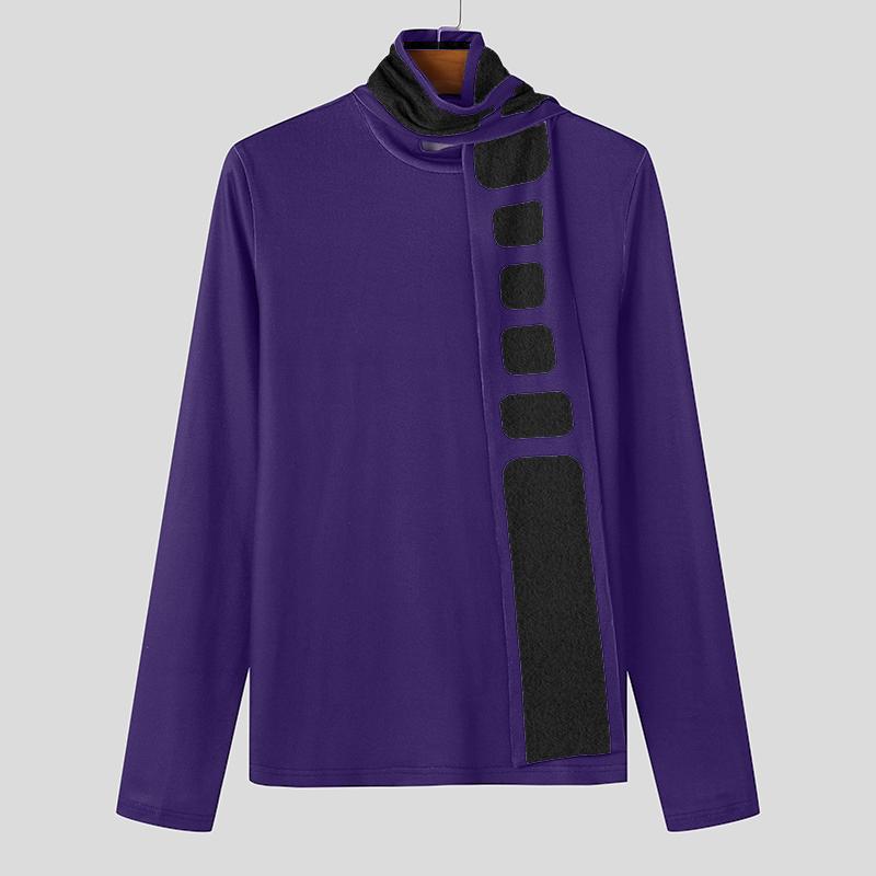 INCERUN Men High Neck Long Sleeve Scarf Pullover Casual Patchwork Tops