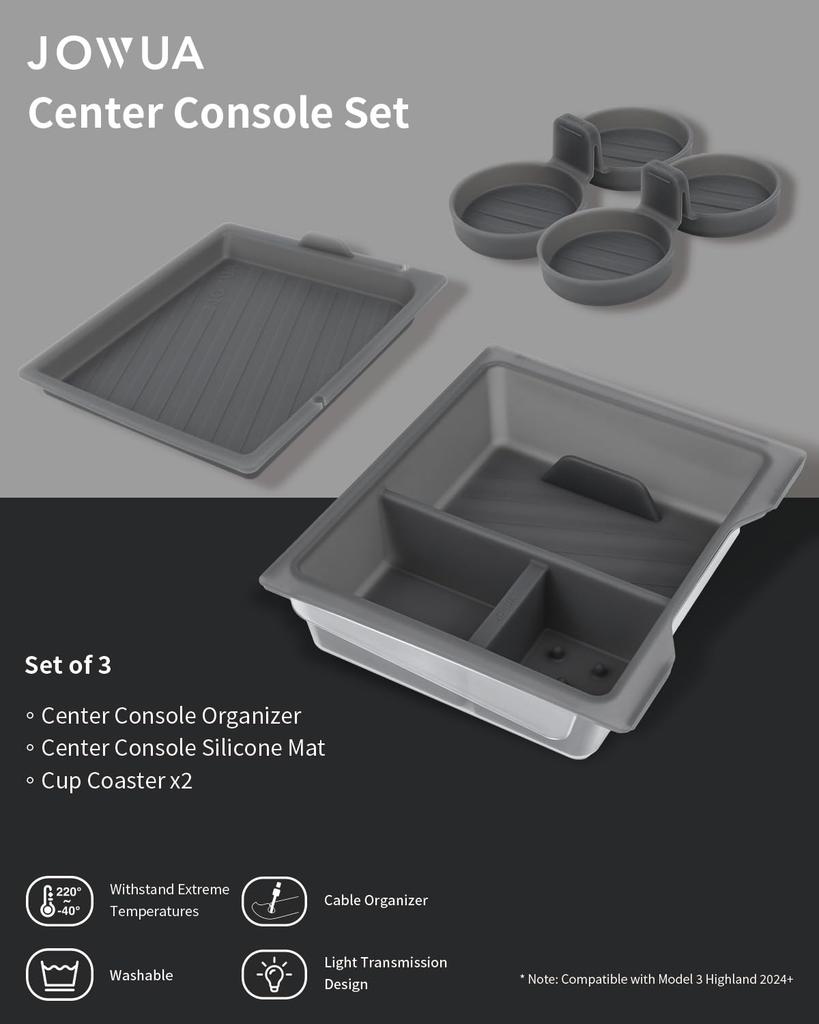 JOWUA Center Console Set for Tesla Reengineered Model 3 Highland Center Console 2 Cup and Premium Silicone Cable Organizer Mat 2024+,