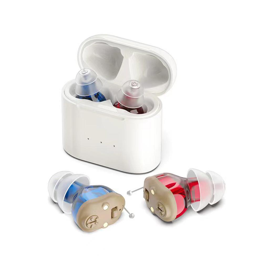 Red and blue magnetic charging case in-ear digital hearing aid with noise reduction