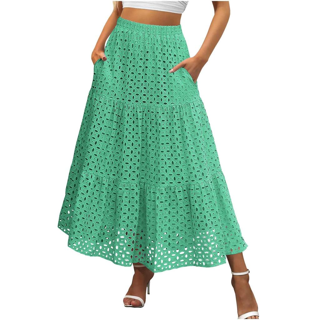 Damen Mode Farbe Bohemian Hohl Hohe Taille A-Linie Tasche Lang Lässiger Halber Rock