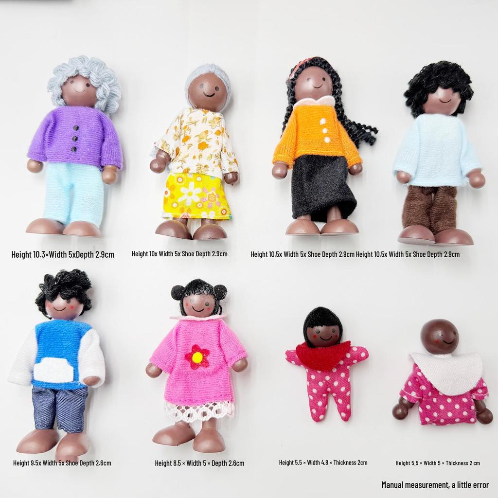 Realistic African American Family of 8: Movable Joint Wooden Dolls for Children's Pretend Play