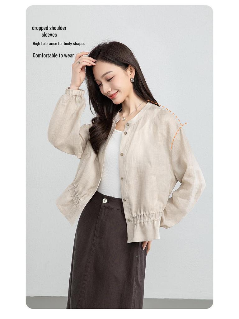 Xin Ge 2026 Summer Women's Linen Shirt: Loose Fit, Ruffled, Stand-Up Collar, Gentle Style.